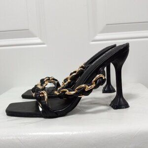 Cape Robbin Black & Gold Chain Strap High Heel Sandals Square Toe Women's 10